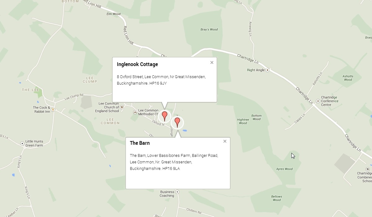 Map of Inglenook Cottage and The Barn at Lower Bassibones Farm. Self-Catering Accommodation in Buckinghamshire